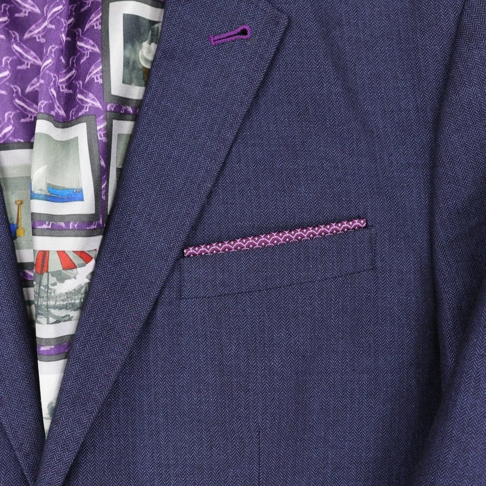 Ted Baker Blazer Sport Coat Size 3 (38) Blue Linen Cotton Purple Lining Popping